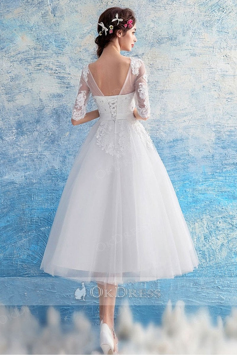 White A line 1 2 Sleeves Beading Tea Length Tulle Bridal Wedding