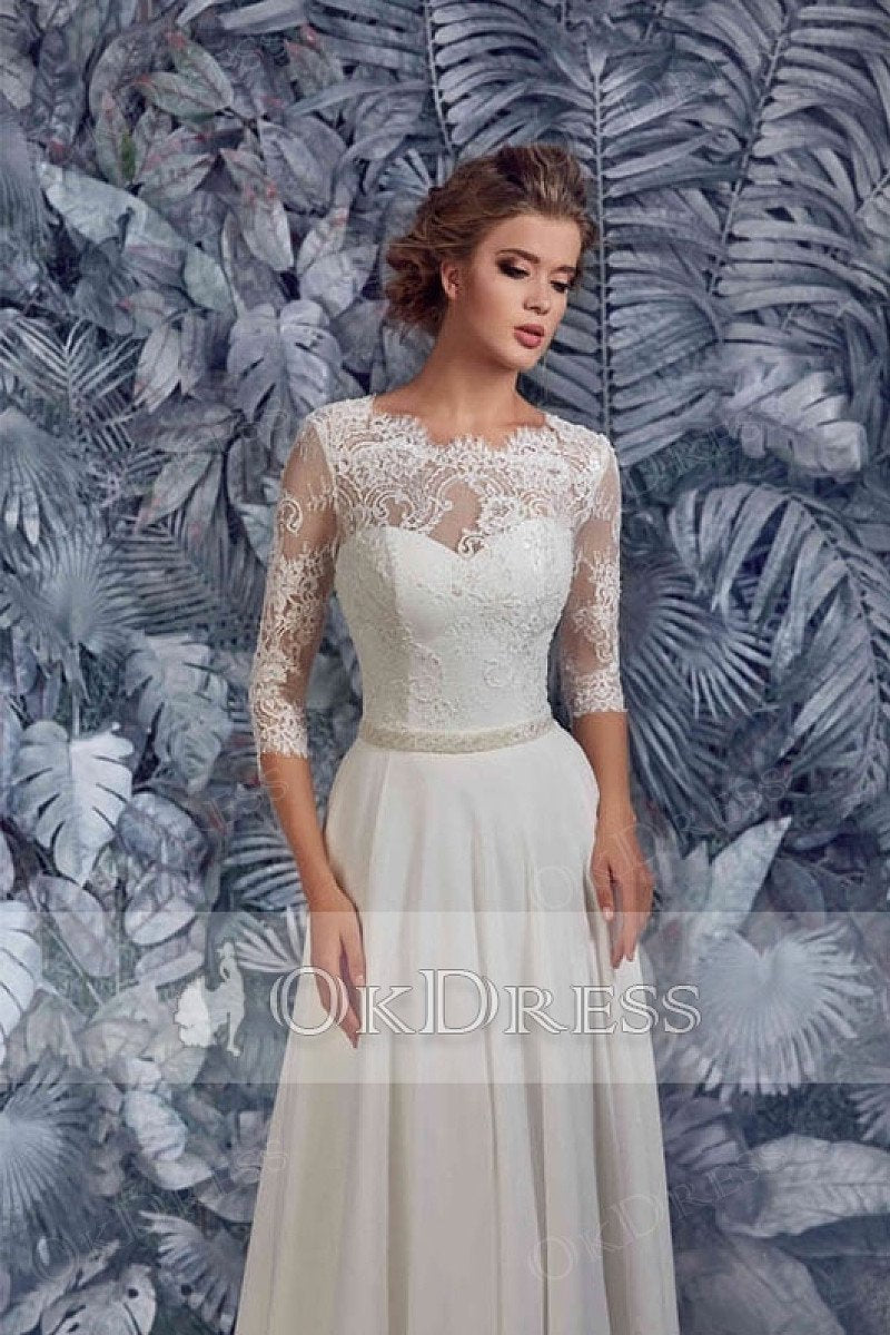 White Junoesque A line 3 4 Sleeves Lace Chiffon Wedding Dresses