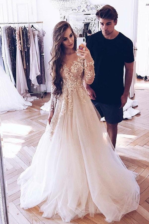 A Line Princess Sweep Train Tulle Long Sleeves Appliques Lace