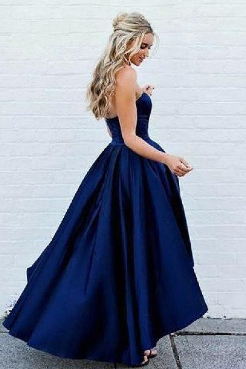 Dark Navy Gorgeous Asymmetrical High low A line Princess Sweetheart Satin Prom Dresses