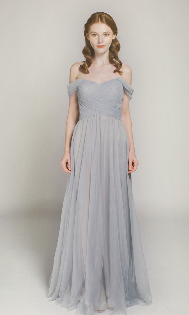 Off the Shoulder Simple Grey Bridesmaid Dresses Okeydress