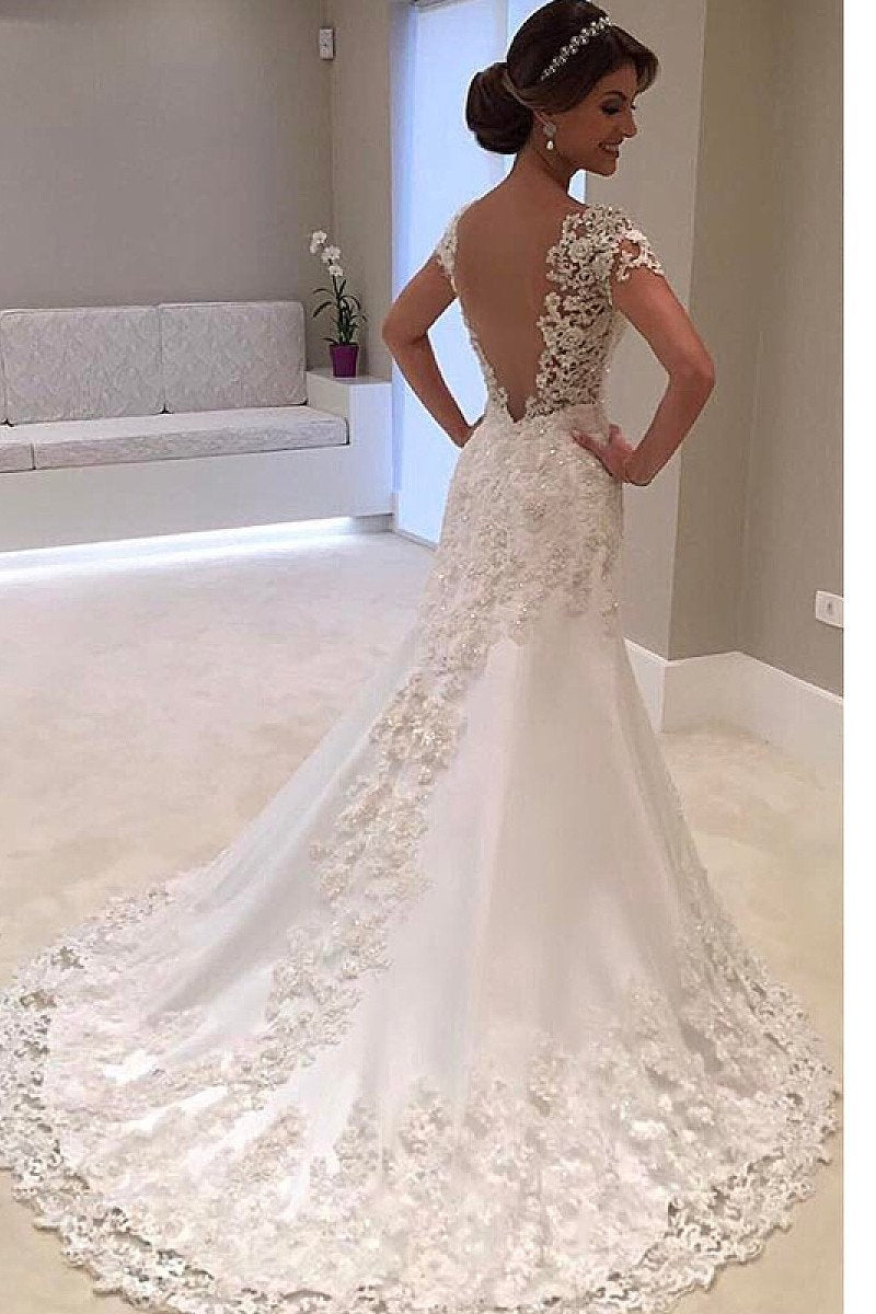 White Tulle Sweep Train Scoop Zipper Natural A-line/Princess Wedding D ...
