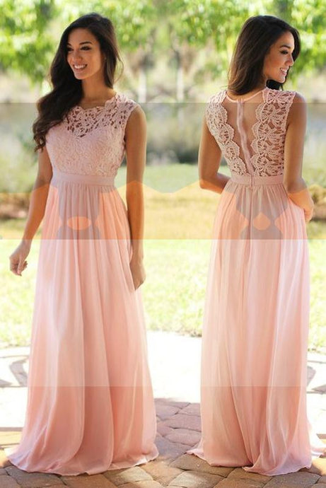 Pink Attractive A-line/Princess Lace Top Sleeveless Floor-length Chiffon Prom Dresses