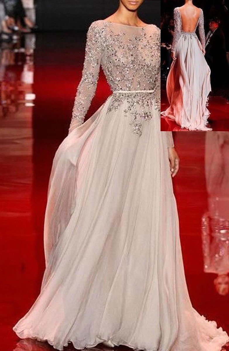 A Line Long Sleeves Lace Applique Beading Floor length Chiffon Evening Dresses