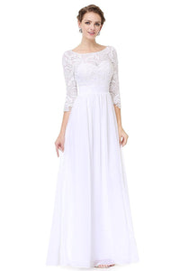 White 3/4 sleeve A-line Chiffon Lace Long Prom Dresses