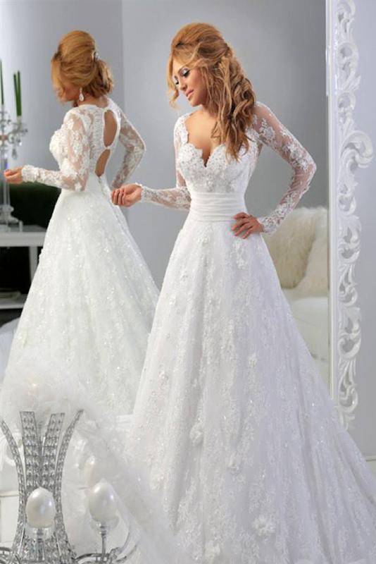 White Retro A-line Long Sleeves Court Train Lace Wedding Dresses