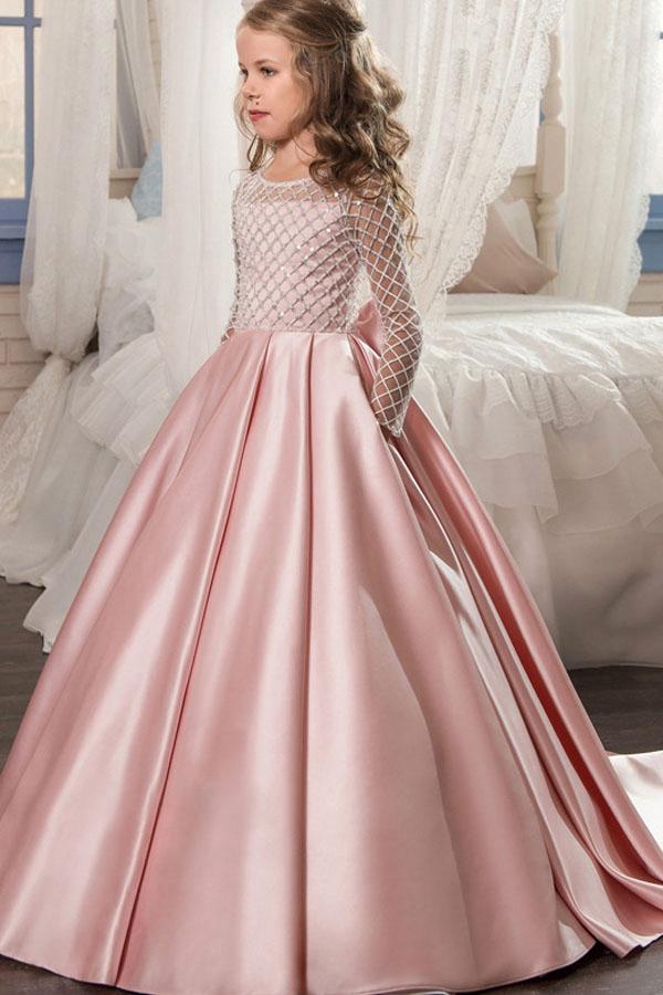 Long Sleeves Satin Princess Flower Girl Dresses