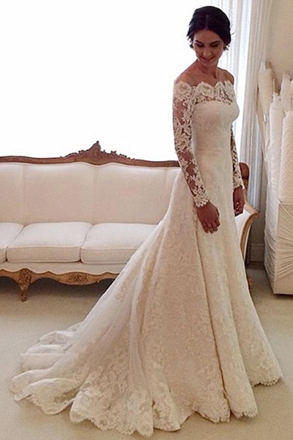 Admirable Lace Court Train Natural Wedding Dresses Okeydress