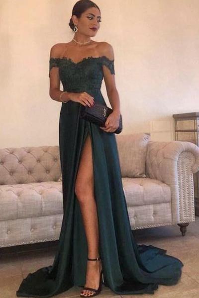 Sexy Leg Slit Long Prom Dresses Lace Off the Shoulder Evening Gowns