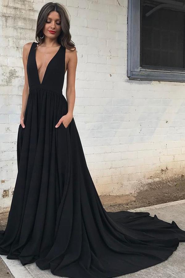 Sexy Silk like Satin V Neck Evening Gowns Prom Dresses Okeydress