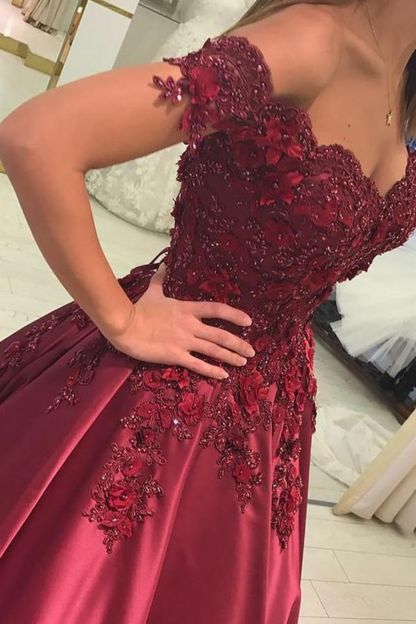 Ball Gown Off the Shoulder With Applique Satin Floor Length Prom Dresses