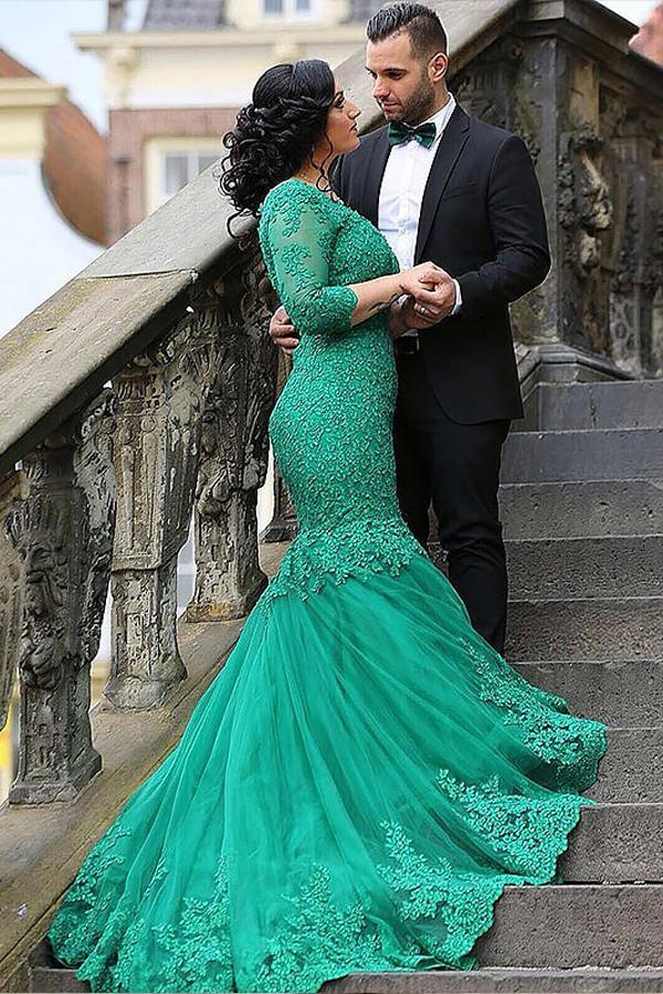 Mermaid V Neck 3 4 Sleeves Applique Plus Size Prom Dresses Okeydress